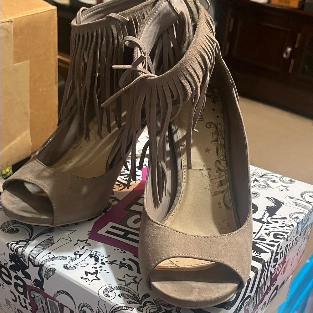 Brash Taupe Fringe Peep-Toe Heels